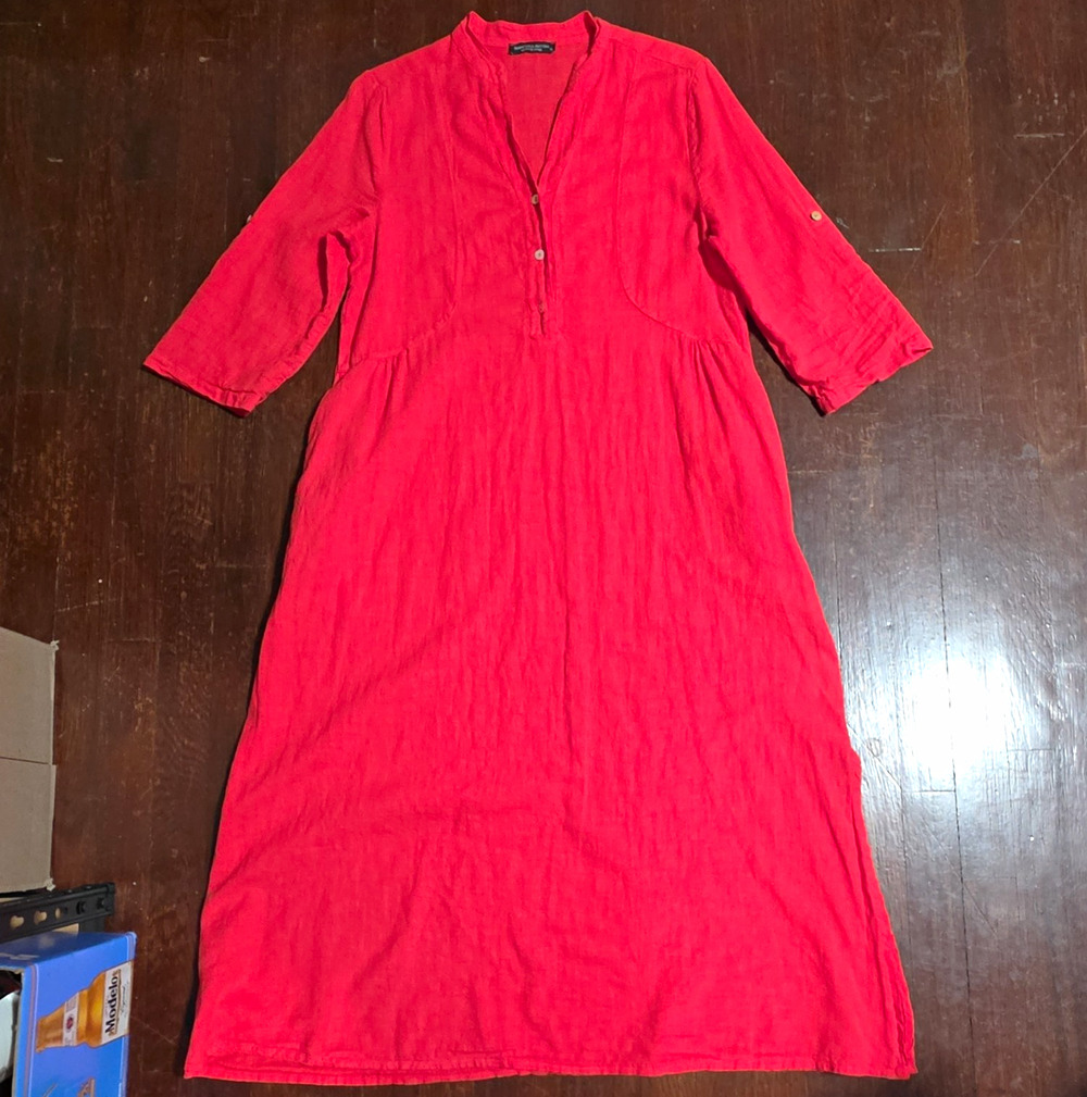 Francesca Bettini Italy Red Linen Cotton Henley Maxi Dress Pockets MOP Buttons S